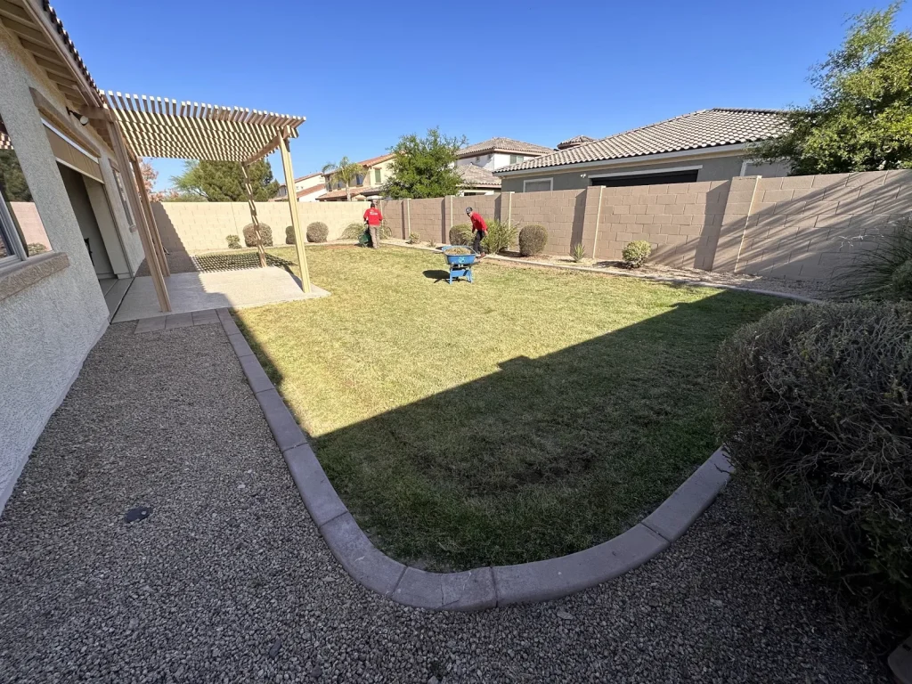 Backyard grass lawn with curved concrete curbing and a pergola