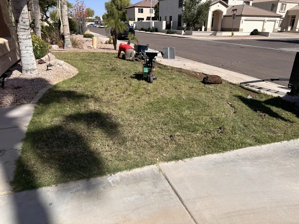 CGL crew working on a front yard grass lawn beside the sidewalk